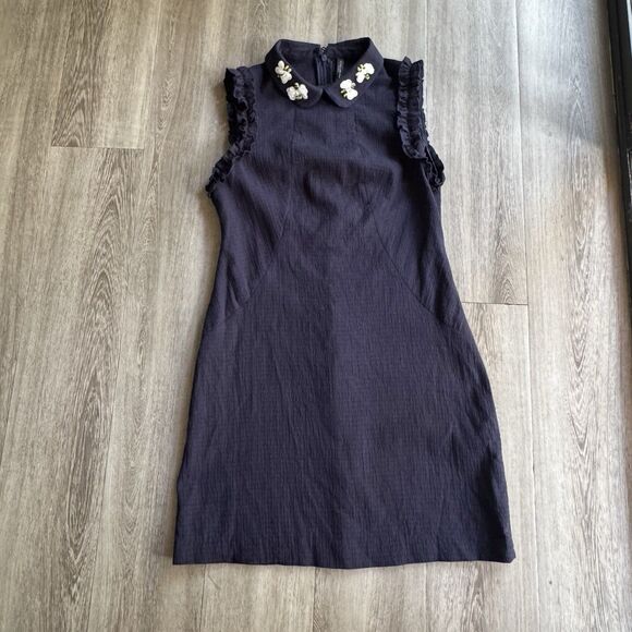Zara Trafaluc Mini Dress Cotton Sz XS Blue Peter Pan Collar Shift Bee Beaded - Picture 8 of 15